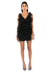 RENDEZVOUS SLEEVELESS FEATHER MINI DRESS