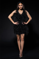 RENDEZVOUS SLEEVELESS FEATHER MINI DRESS