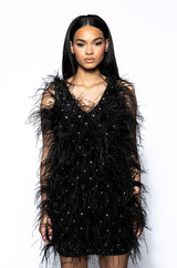 RENDEZVOUS SLEEVELESS FEATHER MINI DRESS