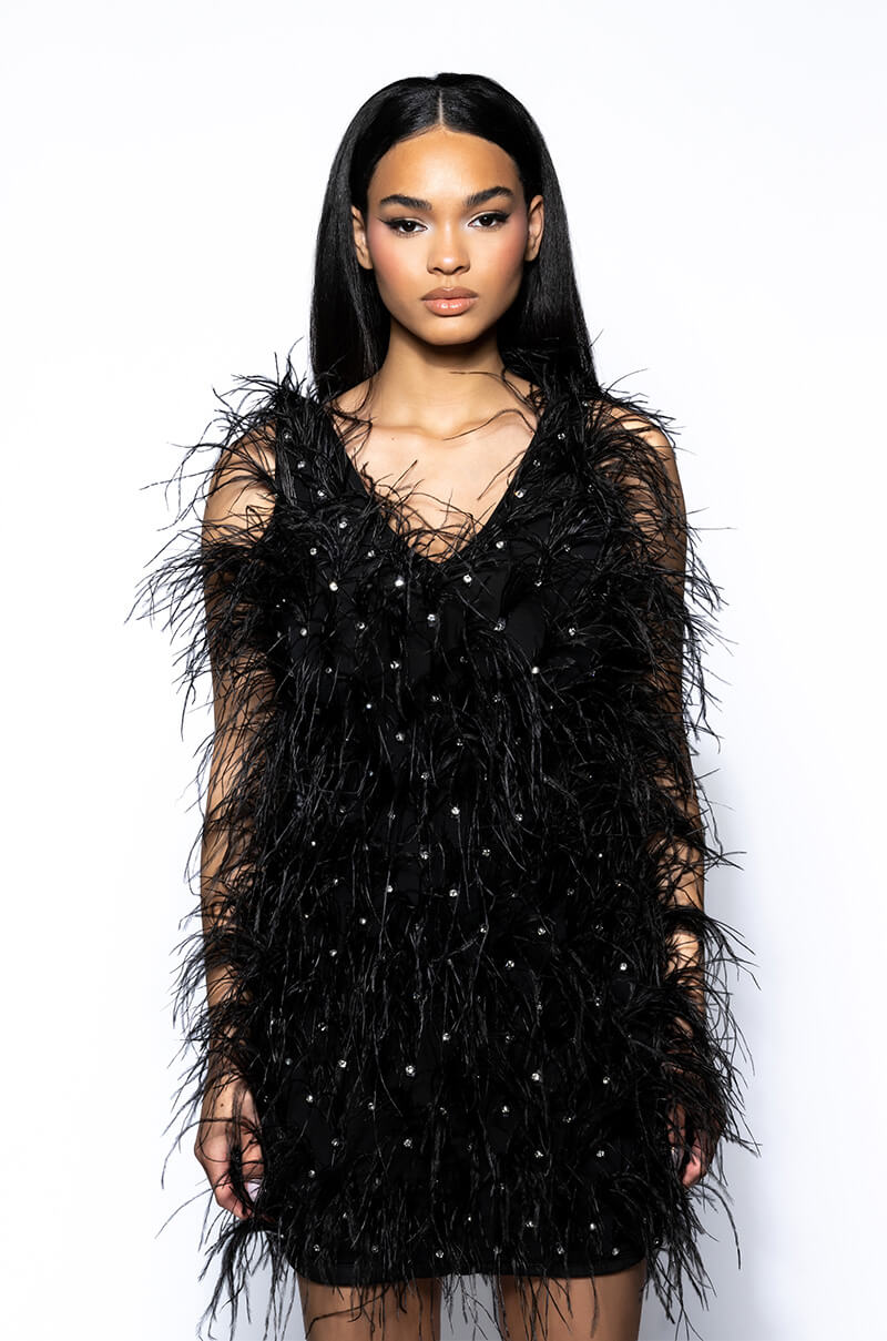 RENDEZVOUS SLEEVELESS FEATHER MINI DRESS