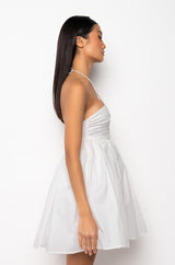 RHINESTONE HALTER FIT AND FLARE DRESS