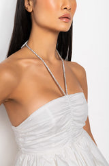 RHINESTONE HALTER FIT AND FLARE DRESS