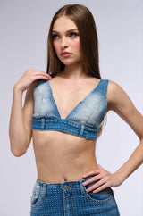 RICH GIRL ENERGY EMBELLISHED DENIM BRA TOP