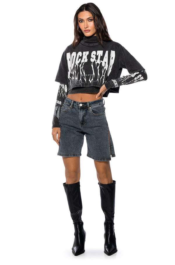 ROCK STAR GRAPHIC LAYERED TURTLE NECK TOP