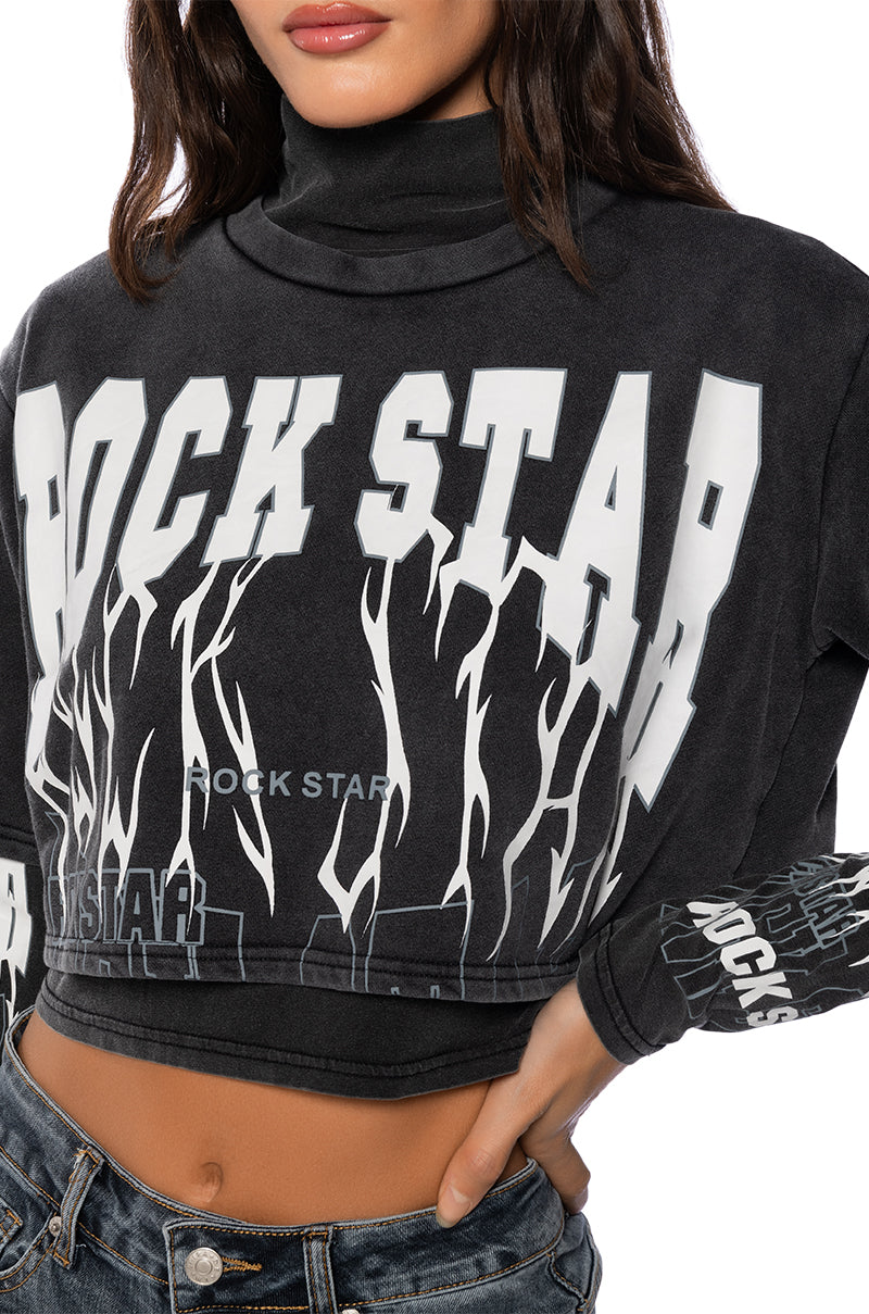 ROCK STAR GRAPHIC LAYERED TURTLE NECK TOP