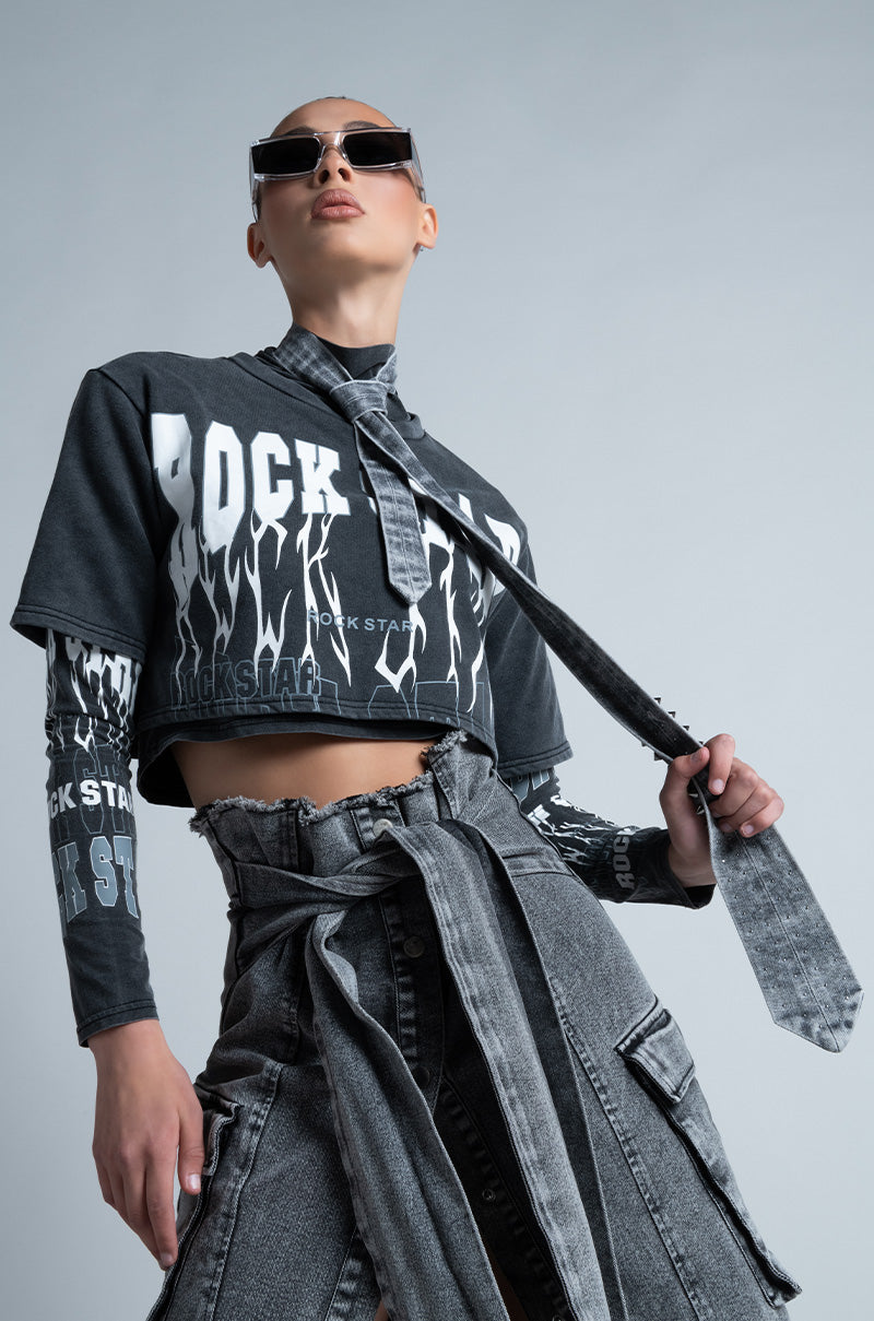 ROCK STAR GRAPHIC LAYERED TURTLE NECK TOP