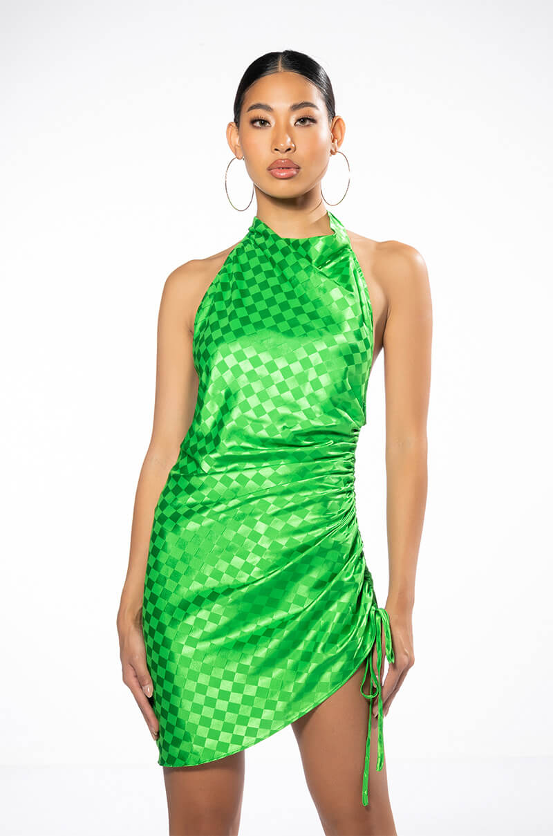 ROLL WITH ME CHECKERED SIDE CINCH MINI DRESS