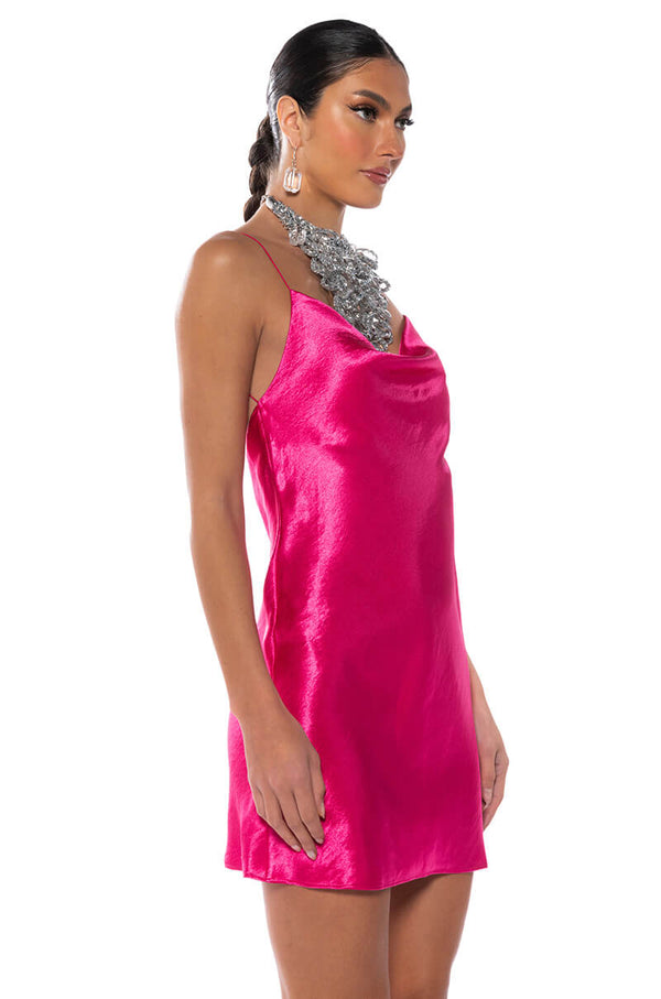 ROMANCE LIVES ON COWL NECK MINI DRESS