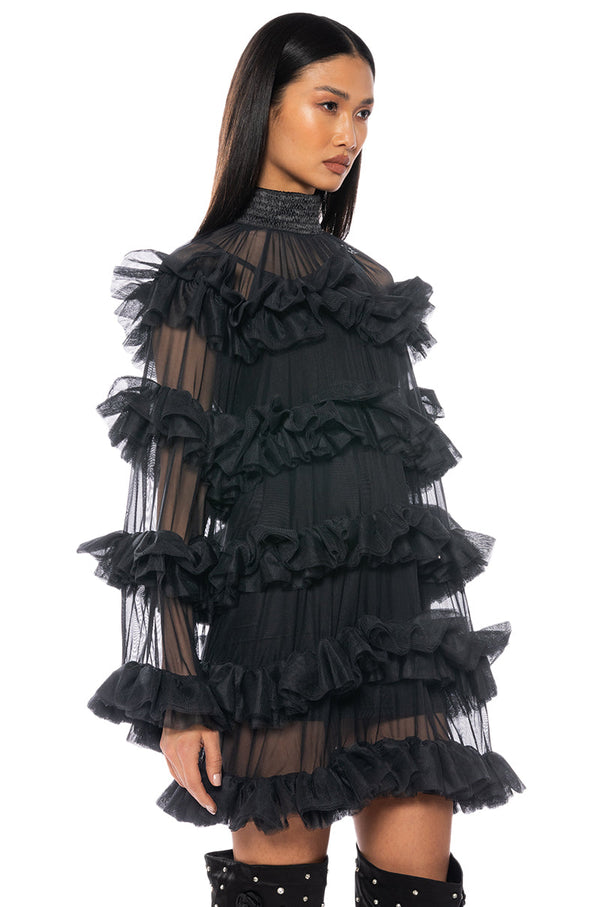 ROMANTIC LAYERED RUFFLES LONG SLEEVE MINI DRESS