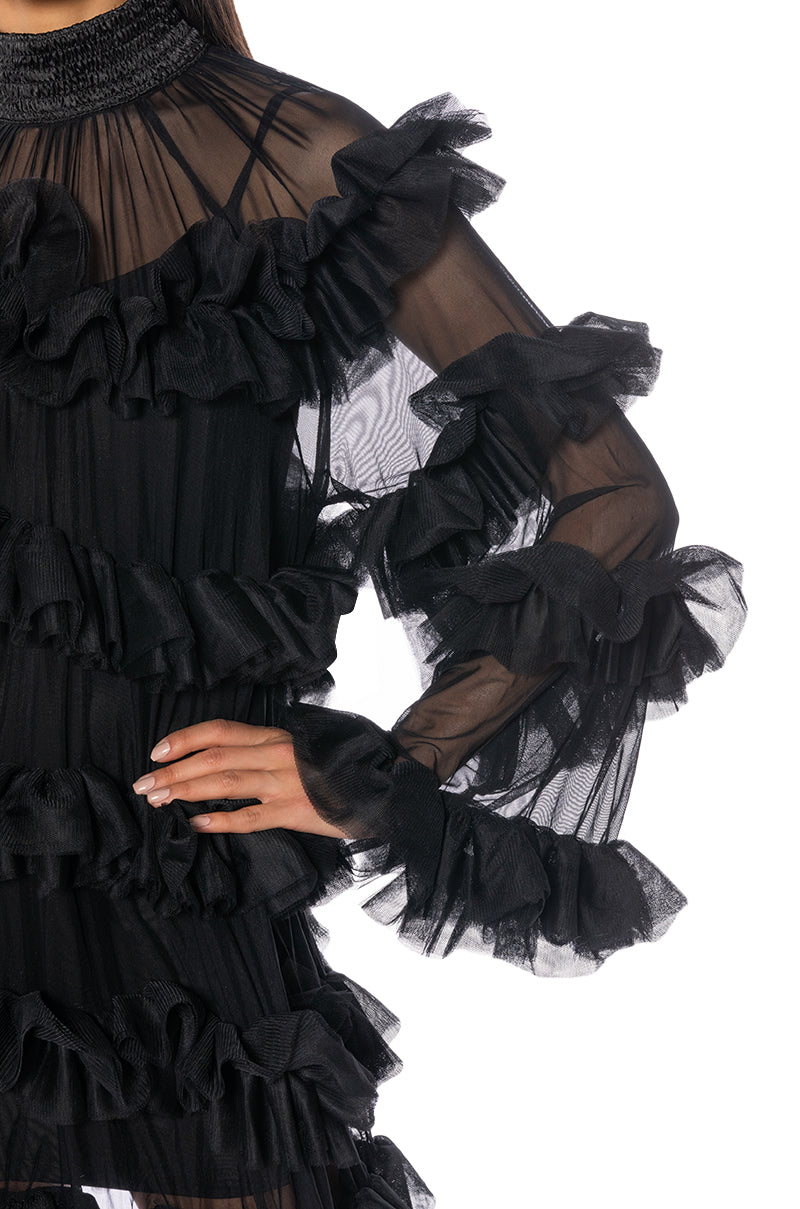 ROMANTIC LAYERED RUFFLES LONG SLEEVE MINI DRESS