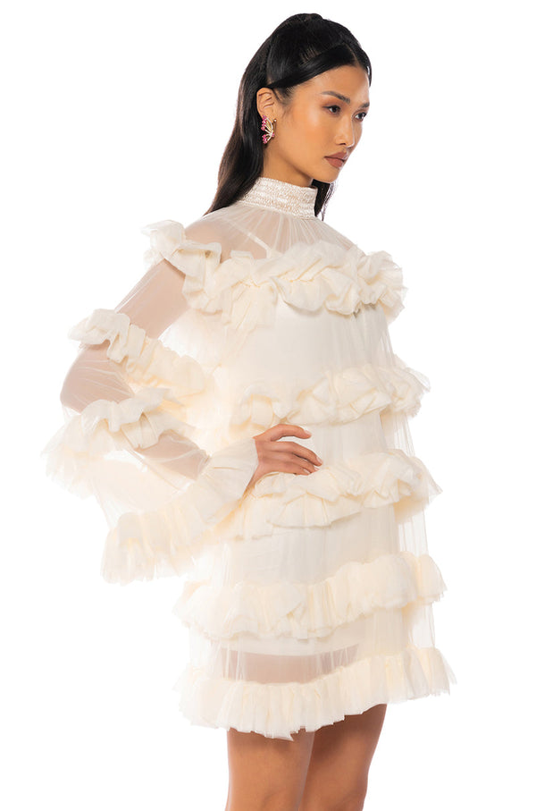 ROMANTIC LAYERED RUFFLES LONG SLEEVE MINI DRESS