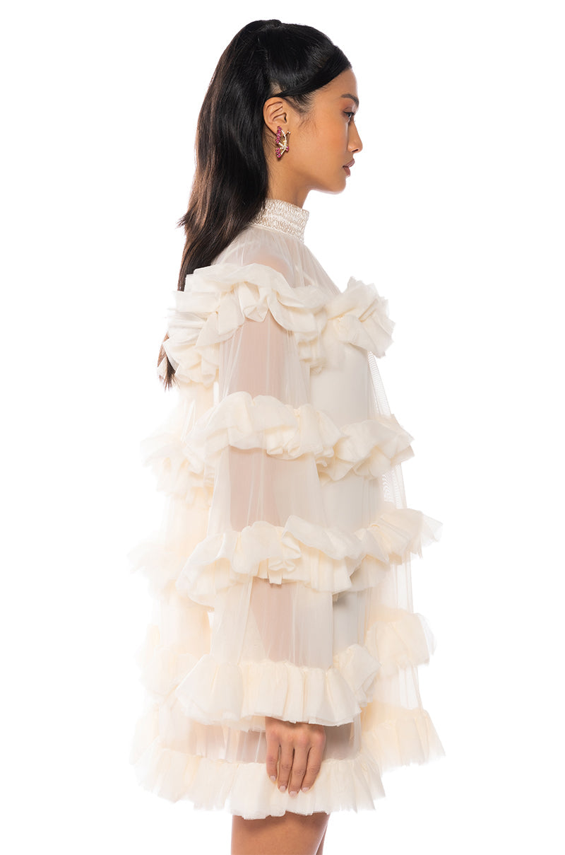 ROMANTIC LAYERED RUFFLES LONG SLEEVE MINI DRESS