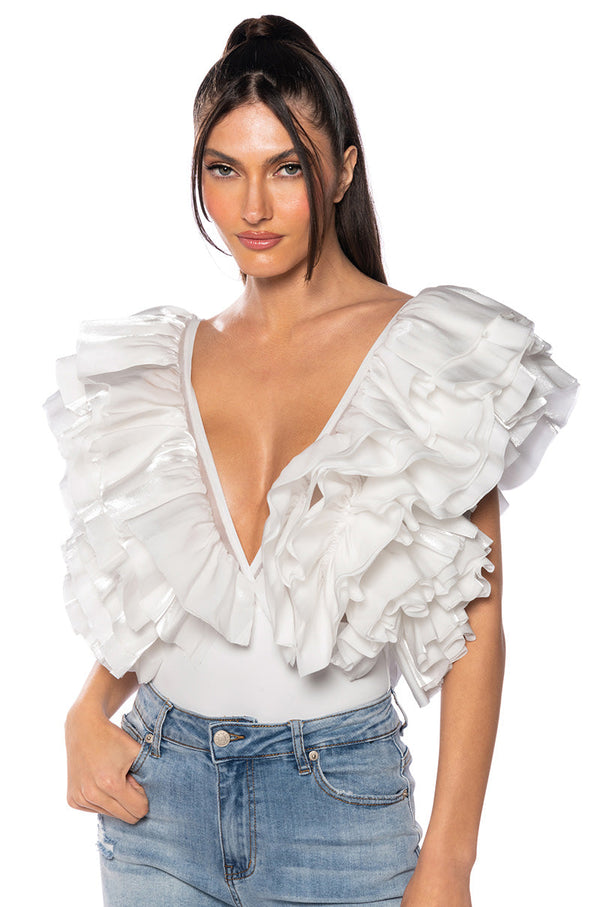 ROMANTIC RUFFLED BODYSUIT IN WHITE