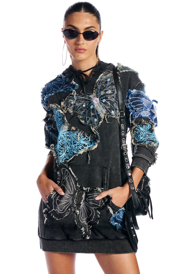 ROSIE BUTTERFLY DENIM PATCH SWEATSHIRT DRESS