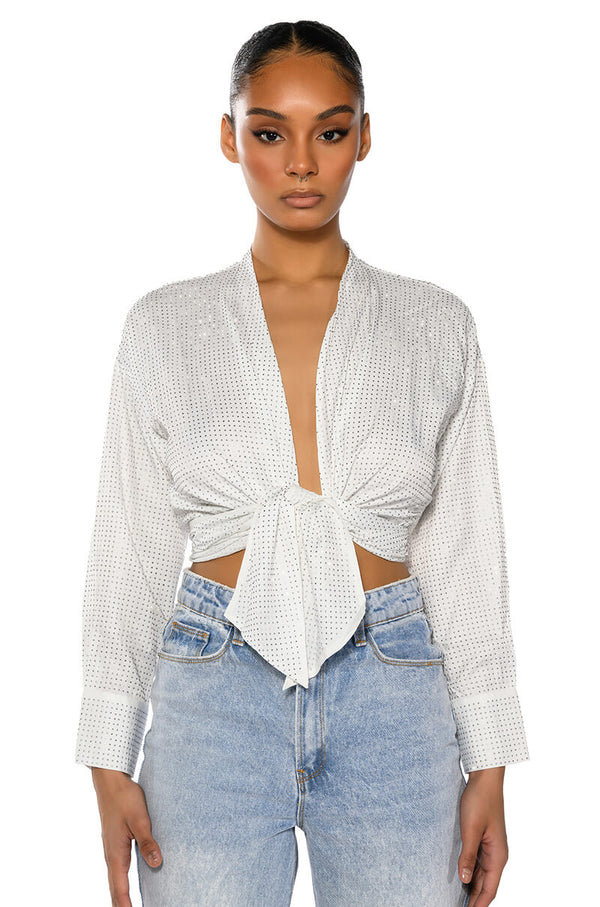 ROWLING TIED UP RHINESTONE BLOUSE