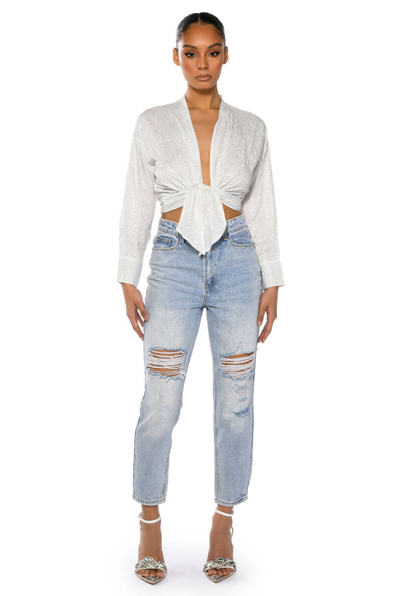 ROWLING TIED UP RHINESTONE BLOUSE