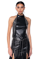 ROXANNE FAUX LEATHER RHINESTONE FRINGE HALTER TOP