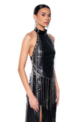 ROXANNE FAUX LEATHER RHINESTONE FRINGE HALTER TOP