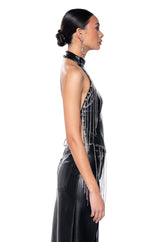 ROXANNE FAUX LEATHER RHINESTONE FRINGE HALTER TOP