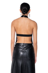 ROXANNE FAUX LEATHER RHINESTONE FRINGE HALTER TOP