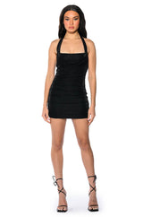 RUCHED HALTER MINI DRESS