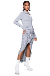 RUCHED HIGH LOW MIDI DRESS