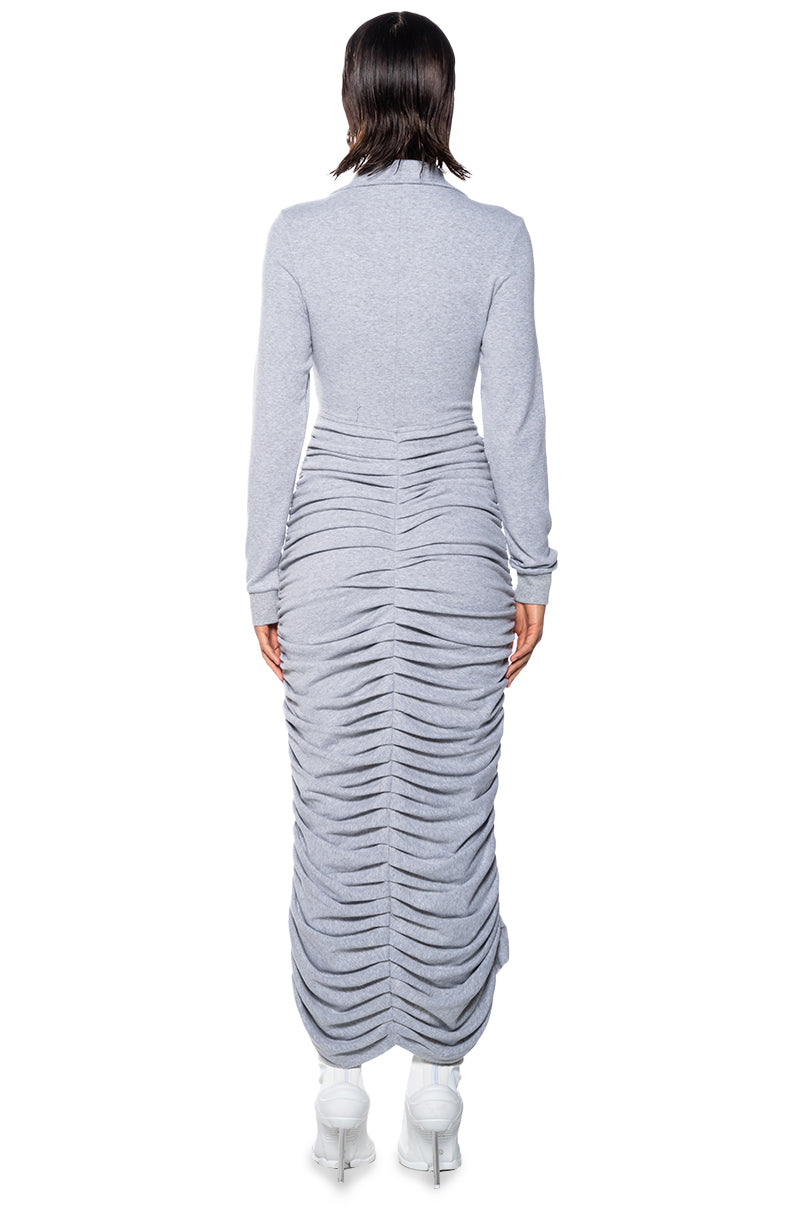 RUCHED HIGH LOW MIDI DRESS