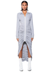 RUCHED HIGH LOW MIDI DRESS