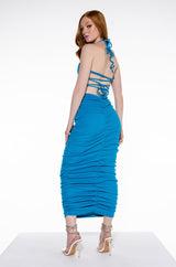 RUCHED LACE UP BACK MIDI DRESS