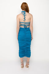 RUCHED LACE UP BACK MIDI DRESS