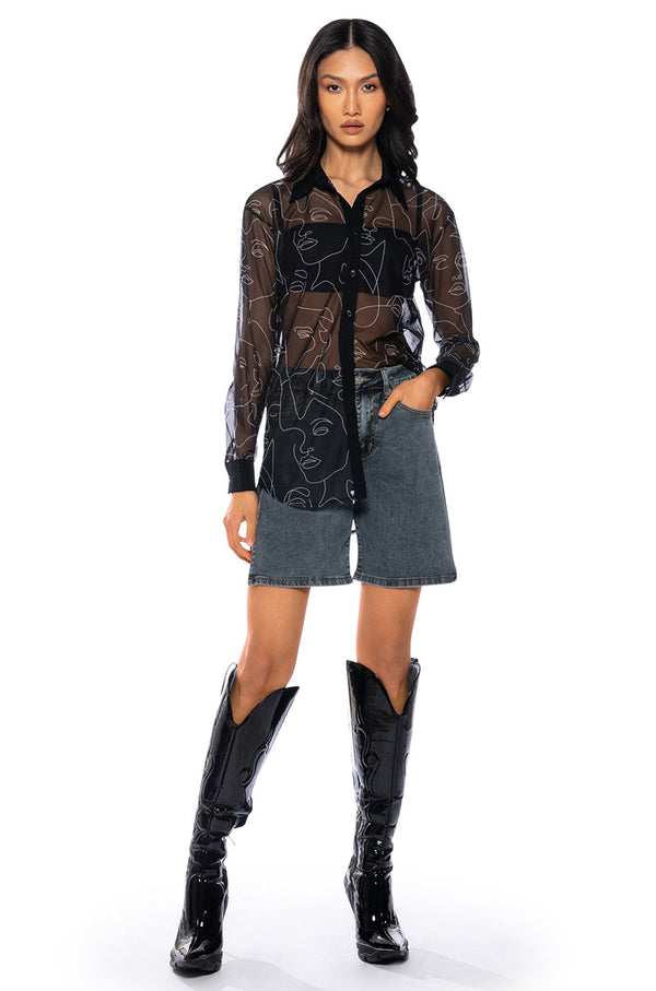 RUMI FACES SHEER BUTTON DOWN BLOUSE