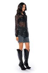 RUMI FACES SHEER BUTTON DOWN BLOUSE