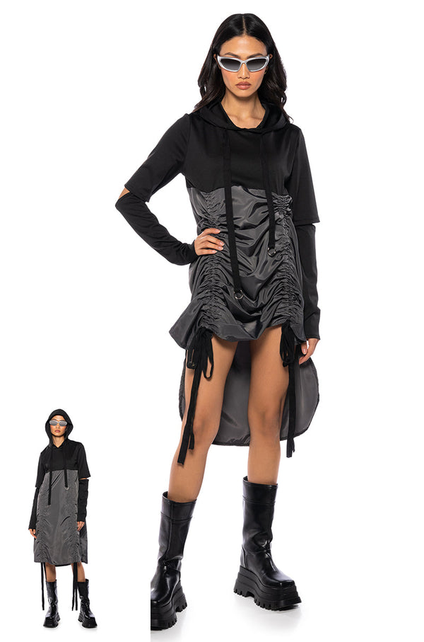 RUNNING AROUND CINCHED HOODIE DRESS IN BLACK