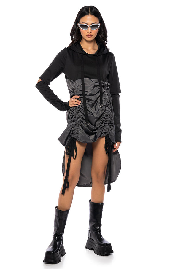 RUNNING AROUND CINCHED HOODIE DRESS IN BLACK