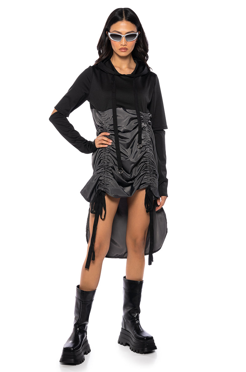RUNNING AROUND CINCHED HOODIE DRESS IN BLACK