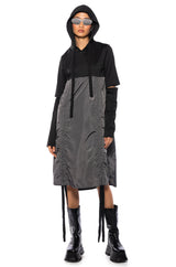 RUNNING AROUND CINCHED HOODIE DRESS IN BLACK