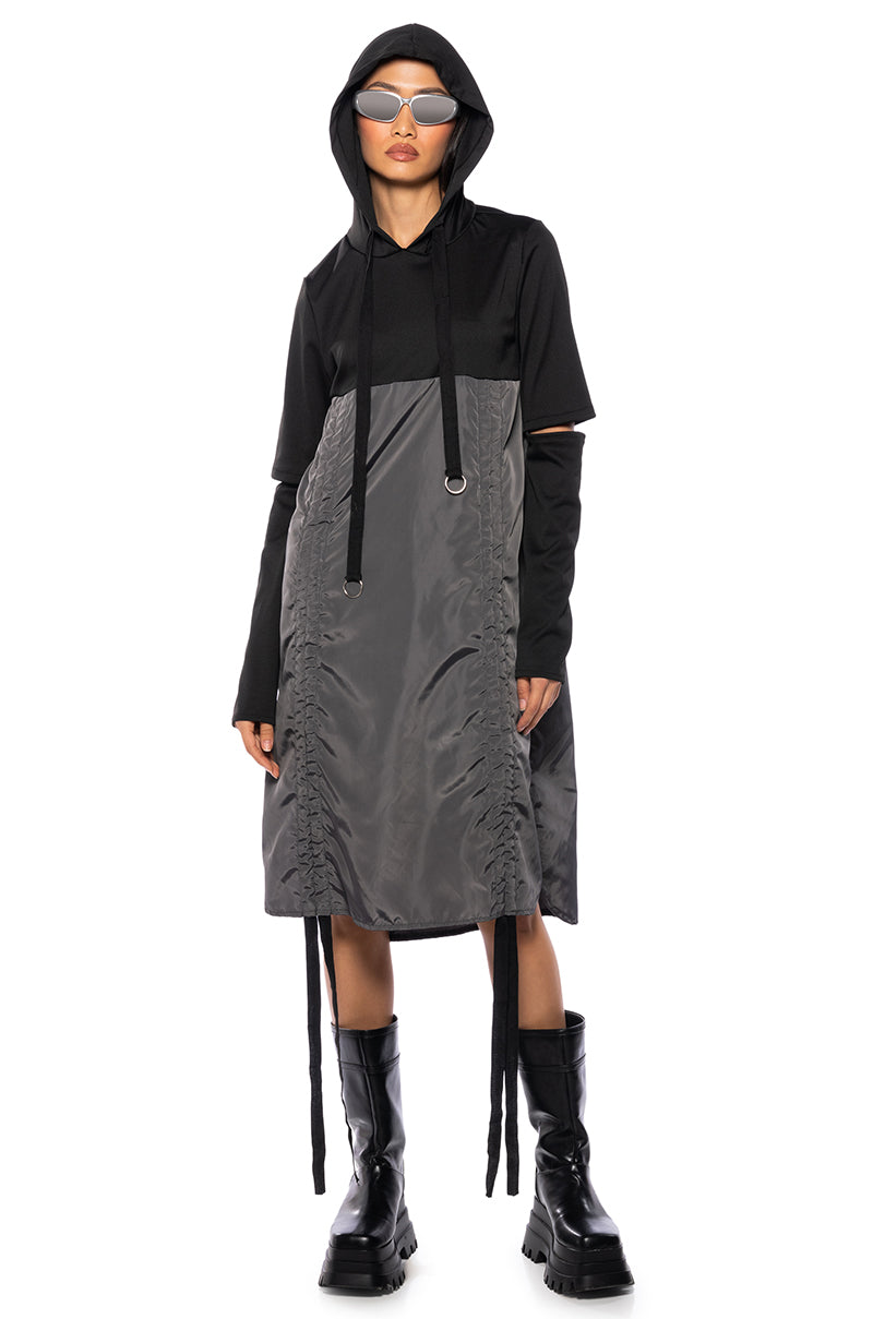 RUNNING AROUND CINCHED HOODIE DRESS IN BLACK