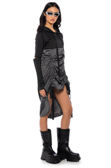 RUNNING AROUND CINCHED HOODIE DRESS IN BLACK