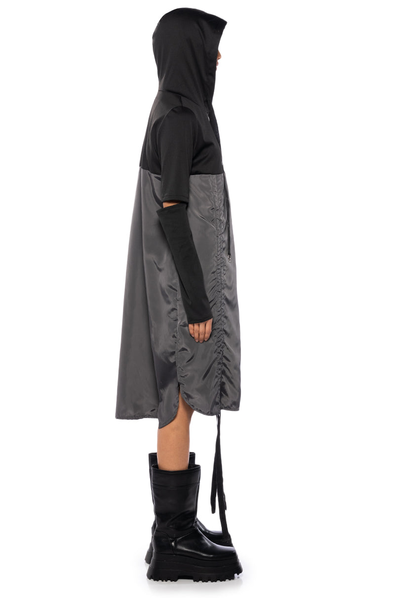 RUNNING AROUND CINCHED HOODIE DRESS IN BLACK