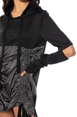 RUNNING AROUND CINCHED HOODIE DRESS IN BLACK