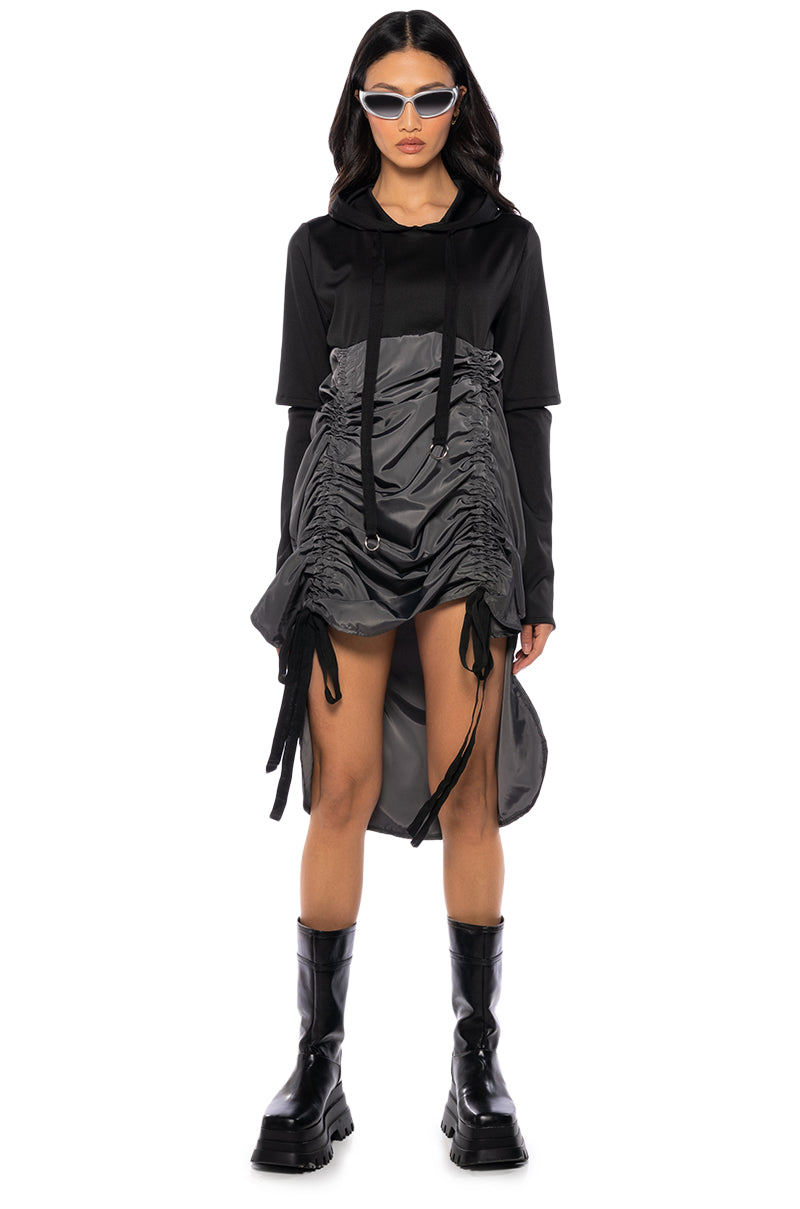 RUNNING AROUND CINCHED HOODIE DRESS IN BLACK