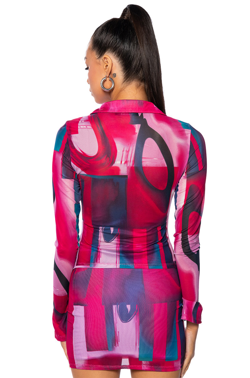 RYAN PRINTED MESH BUTTON DOWN BLOUSE