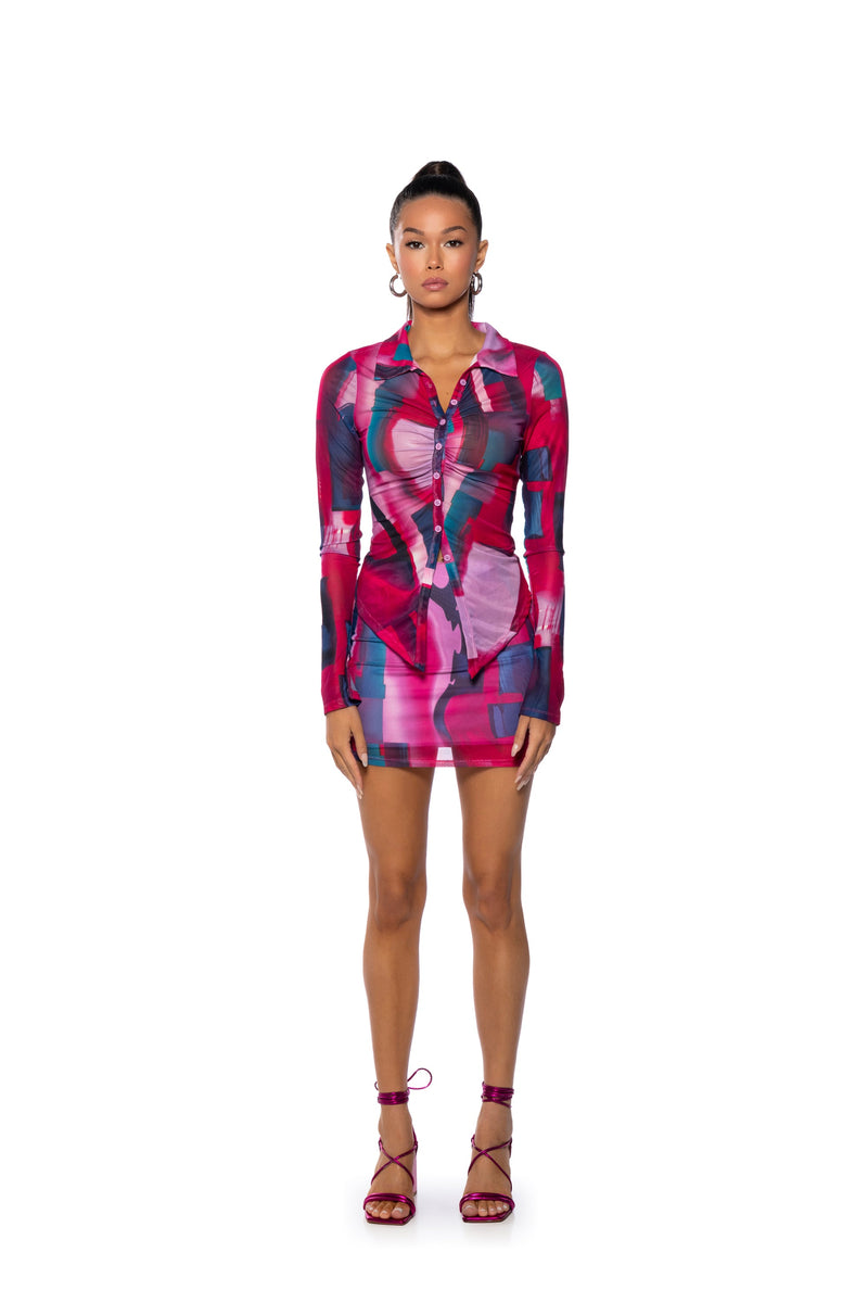 RYAN PRINTED MESH BUTTON DOWN BLOUSE