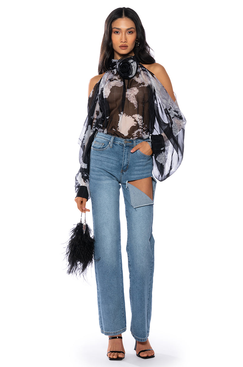 SADIE SEE THROUGH MESH PRINT BLOUSE