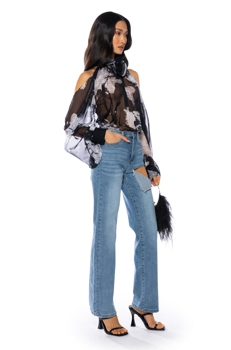 SADIE SEE THROUGH MESH PRINT BLOUSE