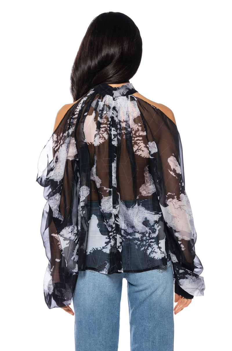 SADIE SEE THROUGH MESH PRINT BLOUSE