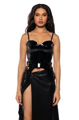 SAFE ON MY OWN VINYL CORSET TOP IN BLACK