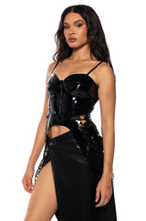 SAFE ON MY OWN VINYL CORSET TOP IN BLACK