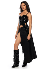 SAFE ON MY OWN VINYL CORSET TOP IN BLACK