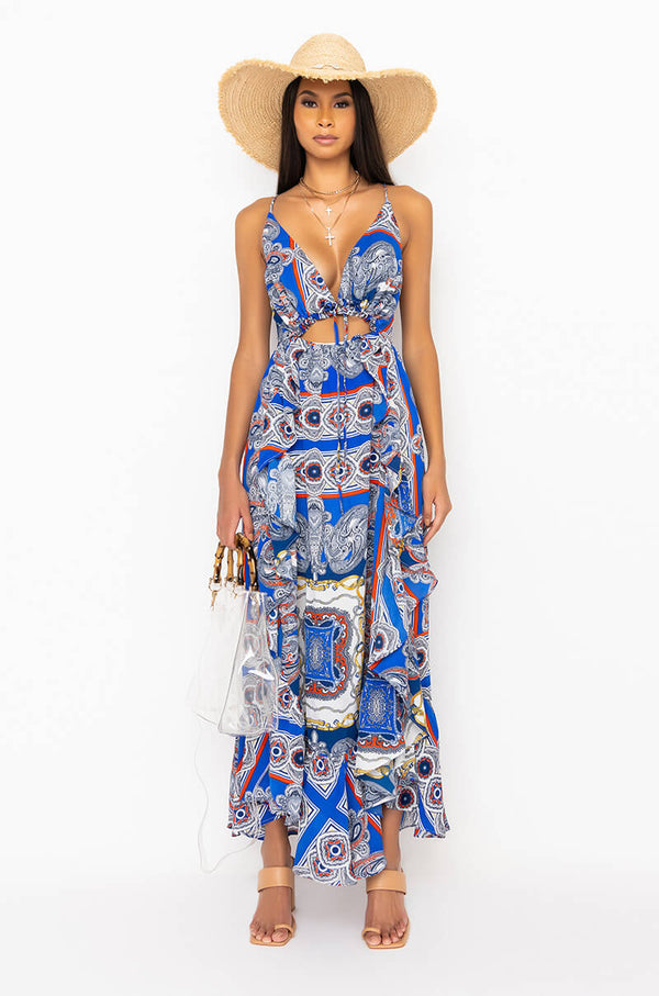 SAMMIE SCARF PRINT MAXI DRESS WITH CUT OUT
